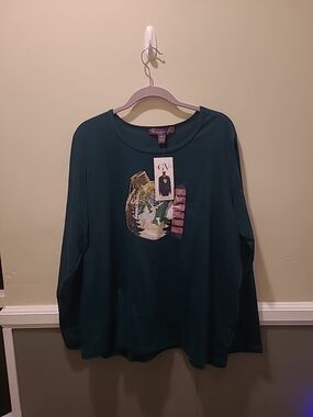 Gloria Vanderbilt Womens 2xl Holiday Tee L/S ORNAMENT GREEN NWT